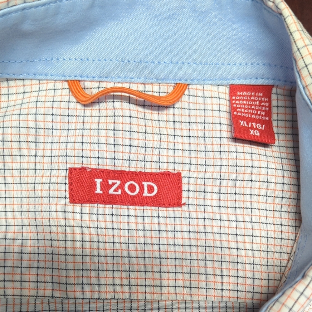 Izod Men's Plaid Sort Sleeve Button Down Shirt - White, Blue And Orange. - Picture 2 of 10